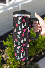 Black thermos cup print of cartoon Christmas tree 40oz