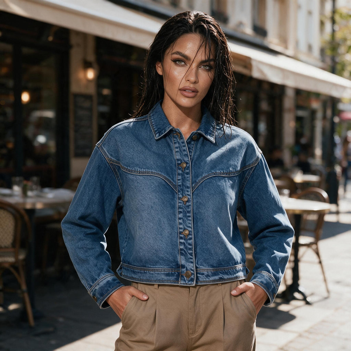Veste en jean bleu délavé à col V style western