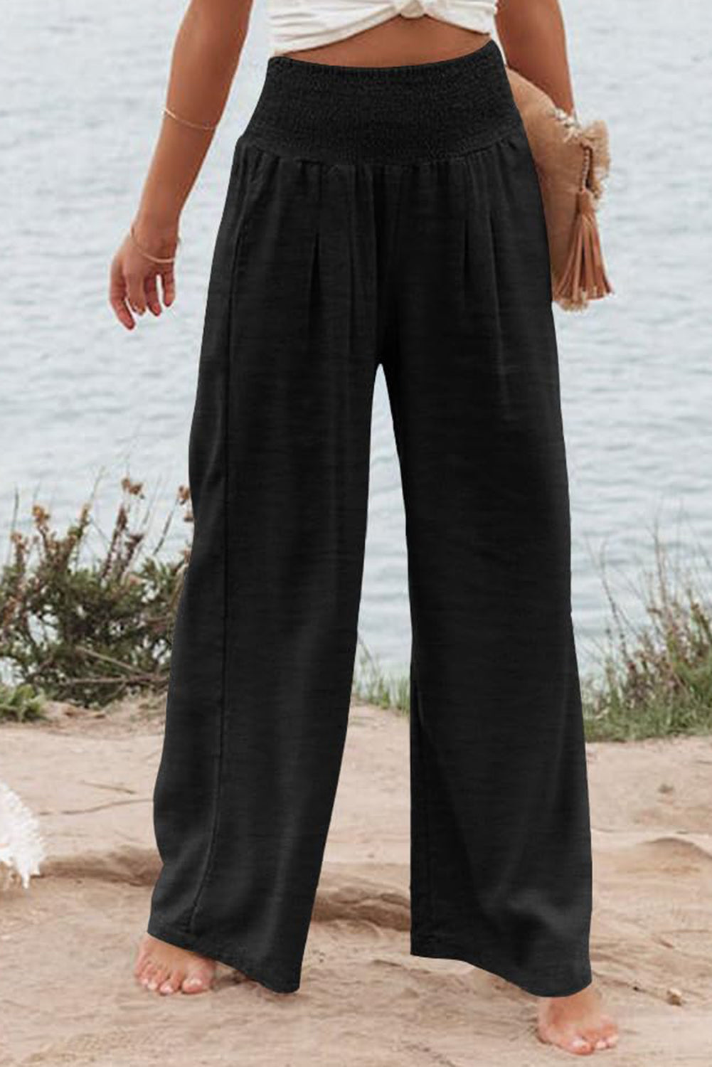 Black high waisted ruched wide leg pants plus size