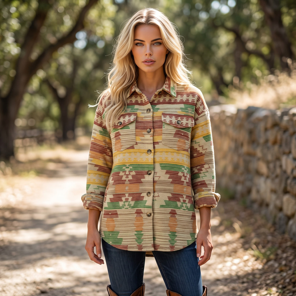 Yellow jacket with buttoned flap pocket and western Aztec print