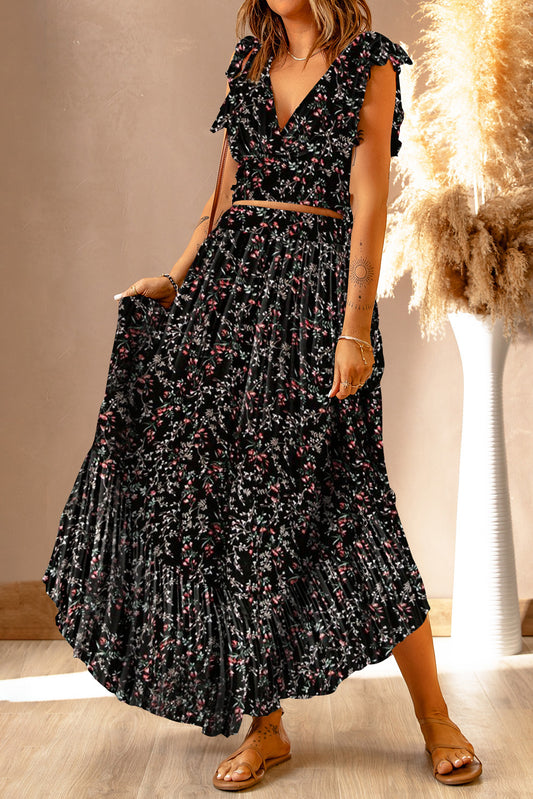 Conjunto de falda larga y top corto con volantes florales multicolor negro