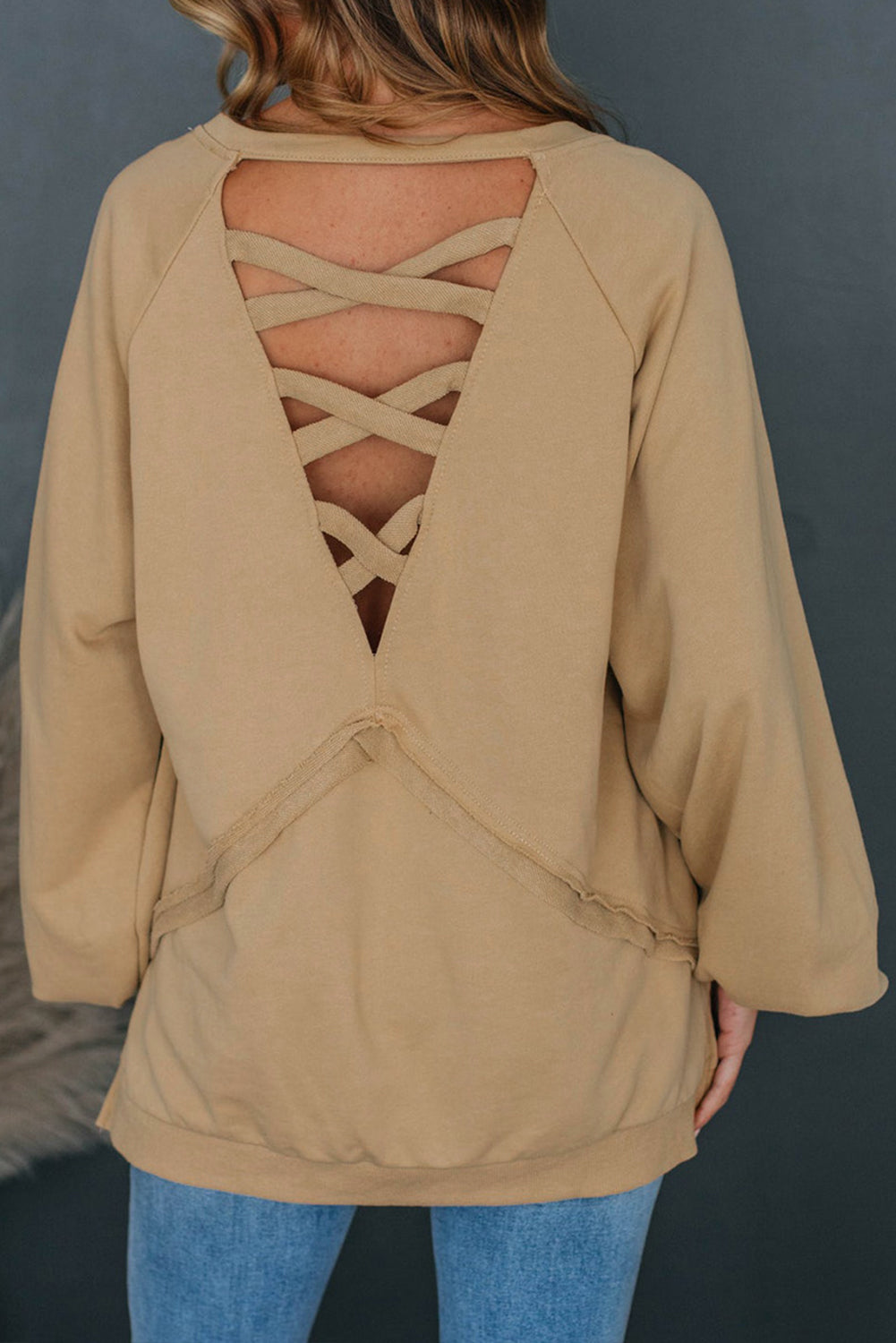 Light French Beige Solid Color Lattice Sweatshirt with Openwork Back