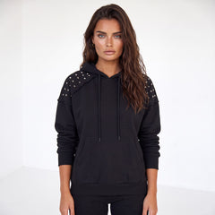 Black Raglan Sleeve Solid Color Rivets Hoodie with Pocket
