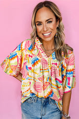 Chemisier orange imprimé abstrait froncé à manches mi-longues et col en V-A WOMAN WE LOVE