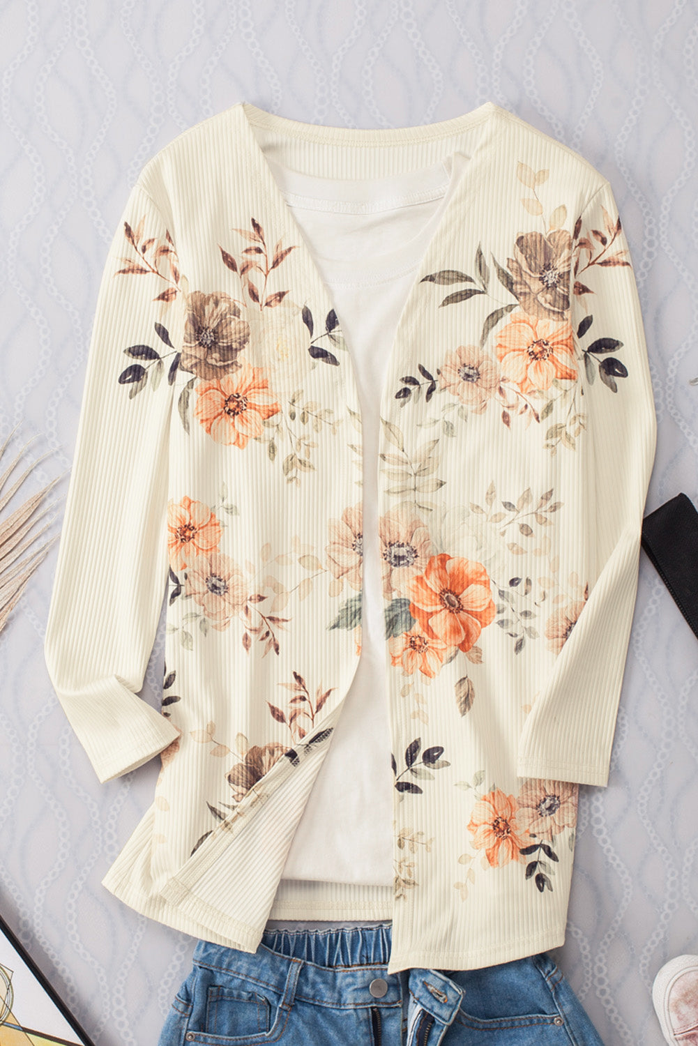 Cardigan coupe slim en tricot côtelé à imprimé floral abricot-A WOMAN WE LOVE