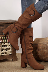 Bottes mi-mollet marron à double boucle et zip latéral, effet daim