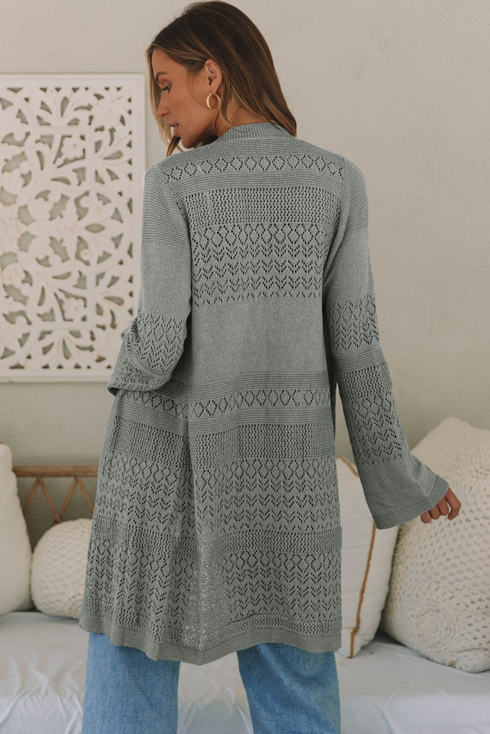Cardigan gris ouvert sur le devant en maille pointelle-A WOMAN WE LOVE