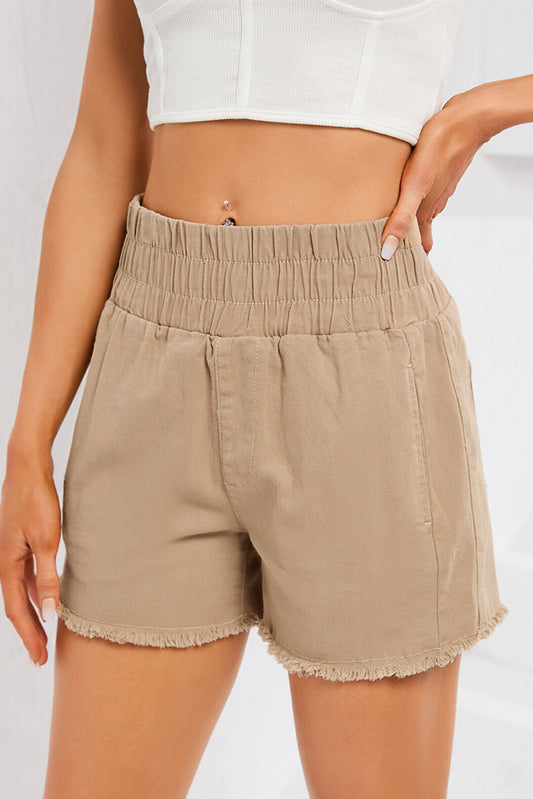 Pantalones cortos casuales de cintura alta elásticos fruncidos color caqui