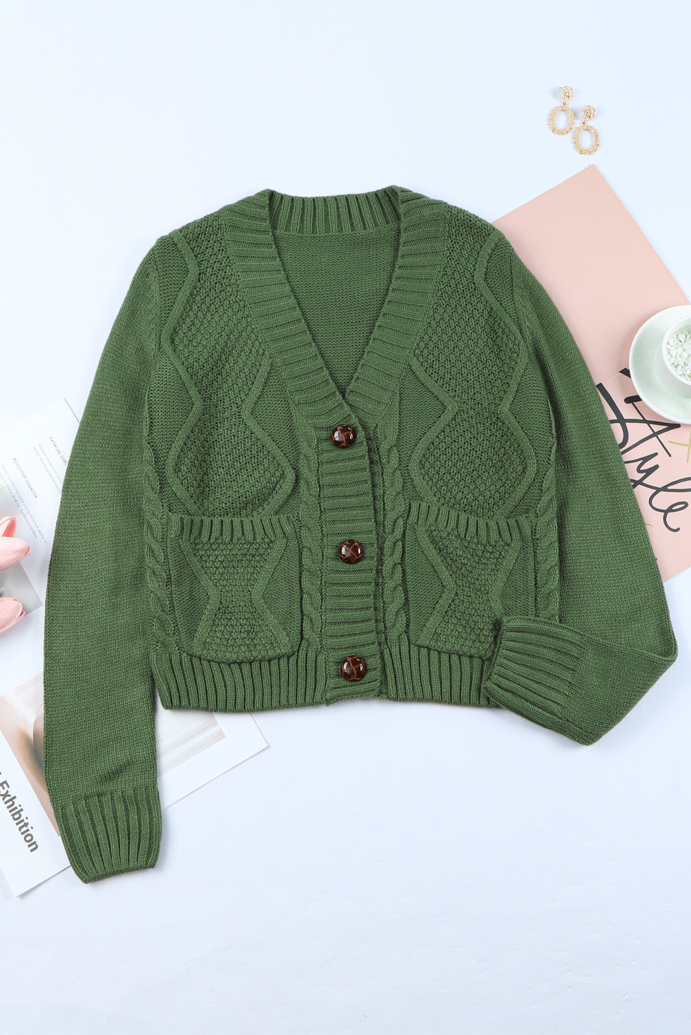 Cardigan texturé vert avec poches avant et boutons-A WOMAN WE LOVE
