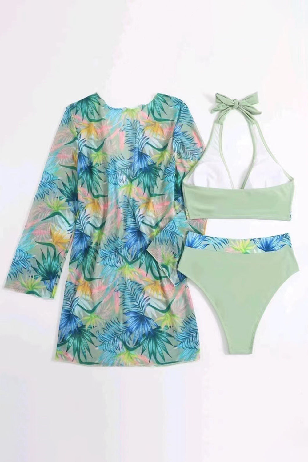 Conjunto de bikini halter con ribete en contraste tropical de 3 piezas Laurel Green con cubierta