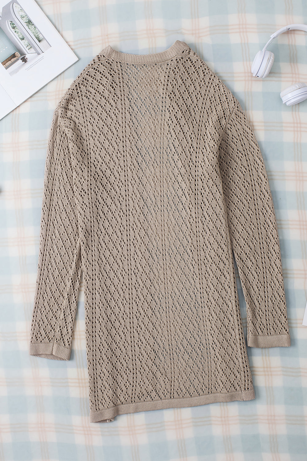 Cardigan ouvert sur le devant en tricot pointelle de couleur unie gris fumée-A WOMAN WE LOVE