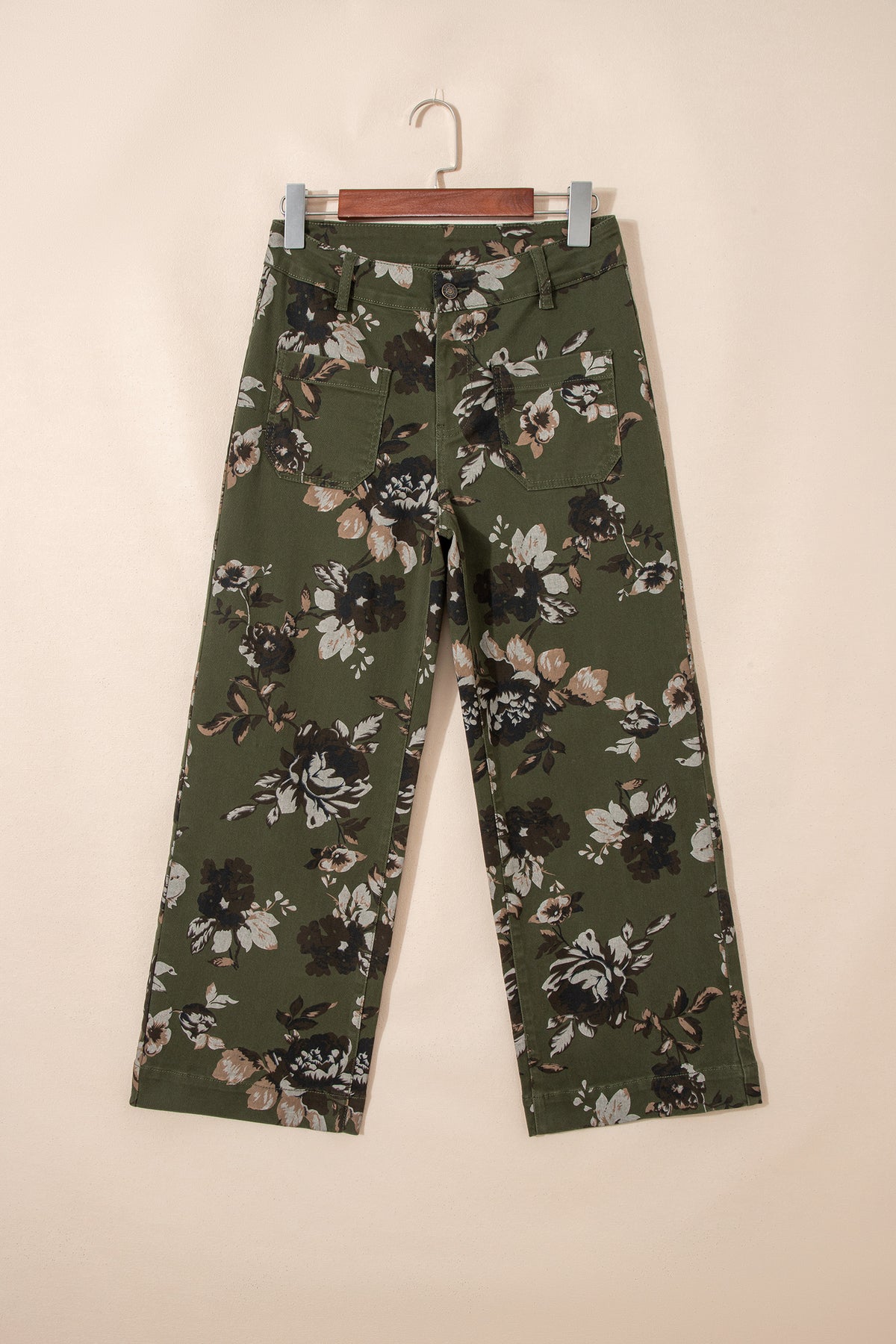 Jean droit vintage à imprimé floral avec poche plaquée carrée et ourlet brut vert