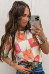Orange round-collar t-shirt and checkered print *