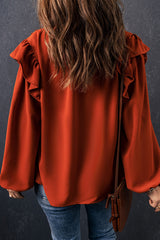 Blouse orange plissée à volants et boutonnée à col en V-A WOMAN WE LOVE