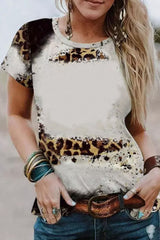 High -white leopard short -sleeved top