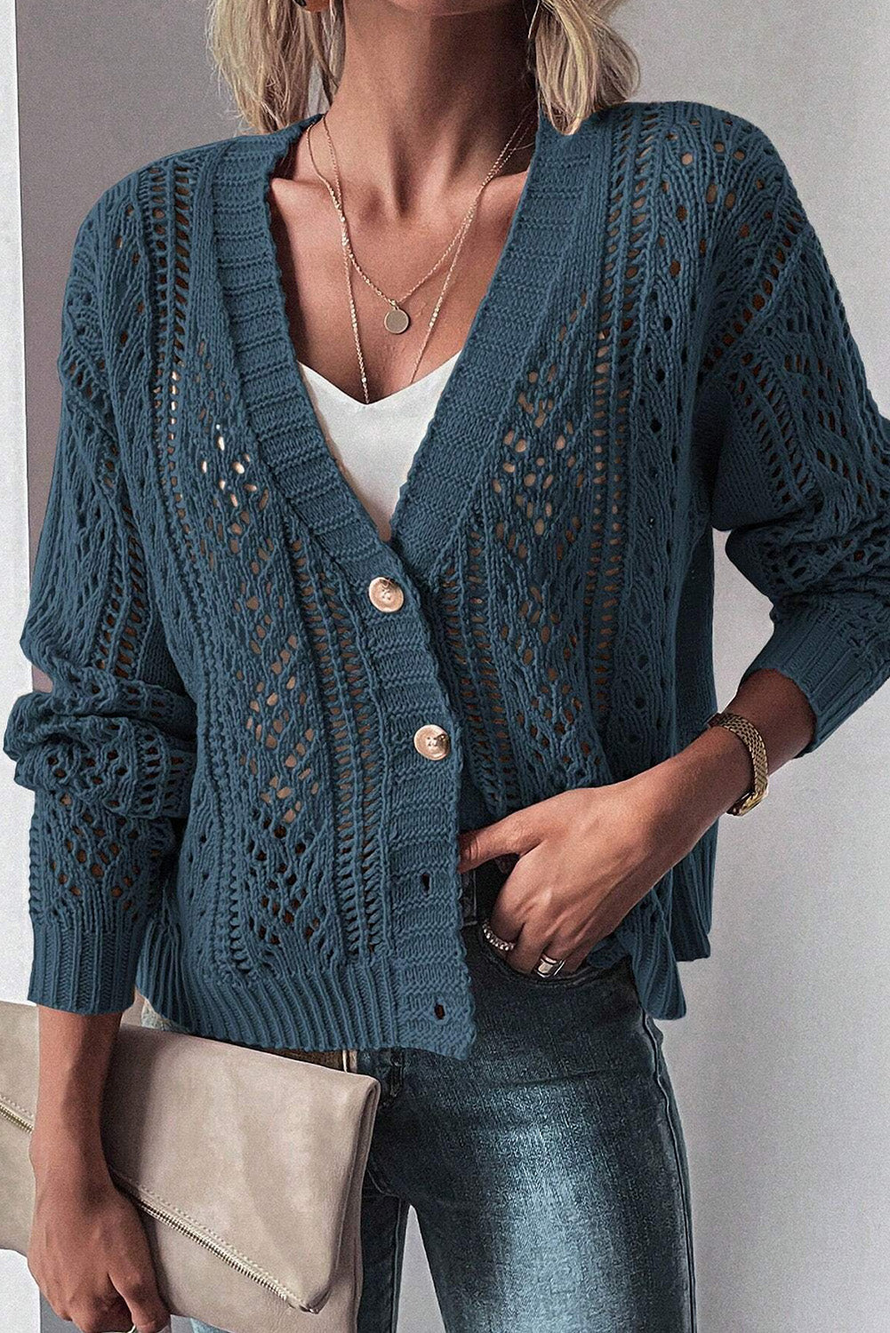 Cardigan pull à épaules tombantes en tricot ouvert bleu sarcelle véritable *-A WOMAN WE LOVE