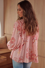 Chemisier multicolore à fleurs et pompons, col en V, manches bouffantes-A WOMAN WE LOVE