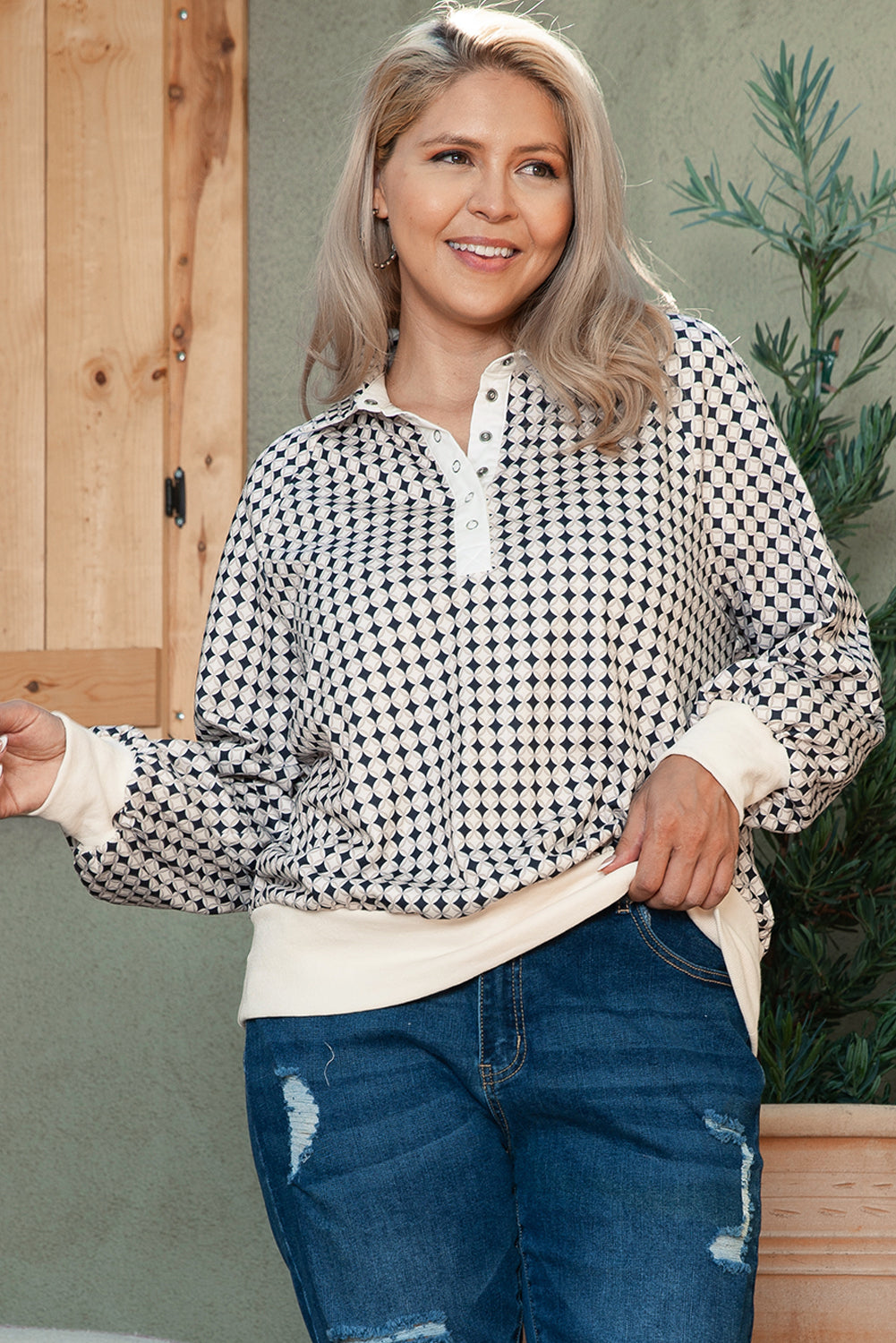 Plus Size Black Two Tone Contrast Collar Sweatshirt