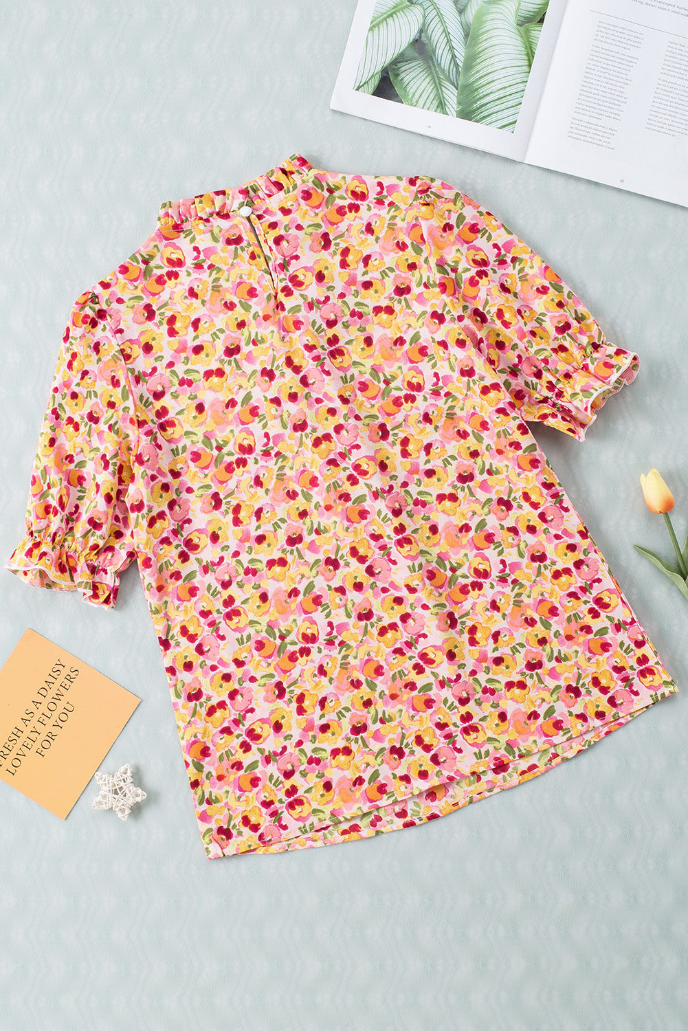 Chemisier bohème orange à volants et manches courtes à volants et col montant à fleurs-A WOMAN WE LOVE