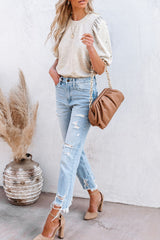 Light gray high with mid-long puffing sleeves with pearls and rhinestones