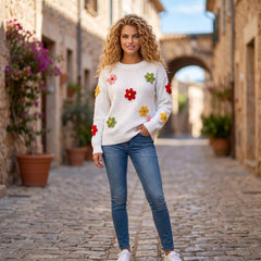Pull blanc en maille texturée à fleurs colorées en applique