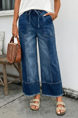 Pantalon en jean tendance à jambes larges et taille élastiquée bleu
