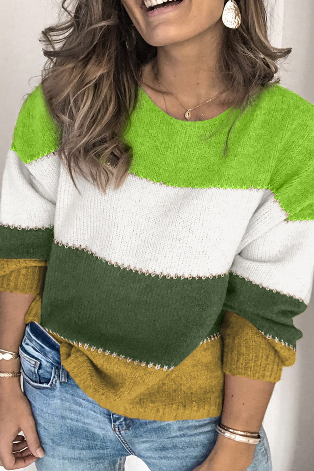 Plus Size Green Color Block Patchwork Sweater