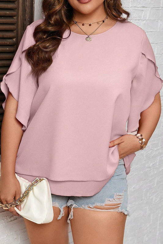 Blusa de doble capa con mangas superpuestas con volantes y talla grande rosa claro