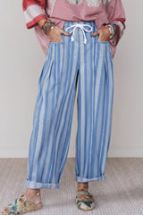 Sky Blue Stripe High Waist Wide Leg Lace Up Barrel Jeans