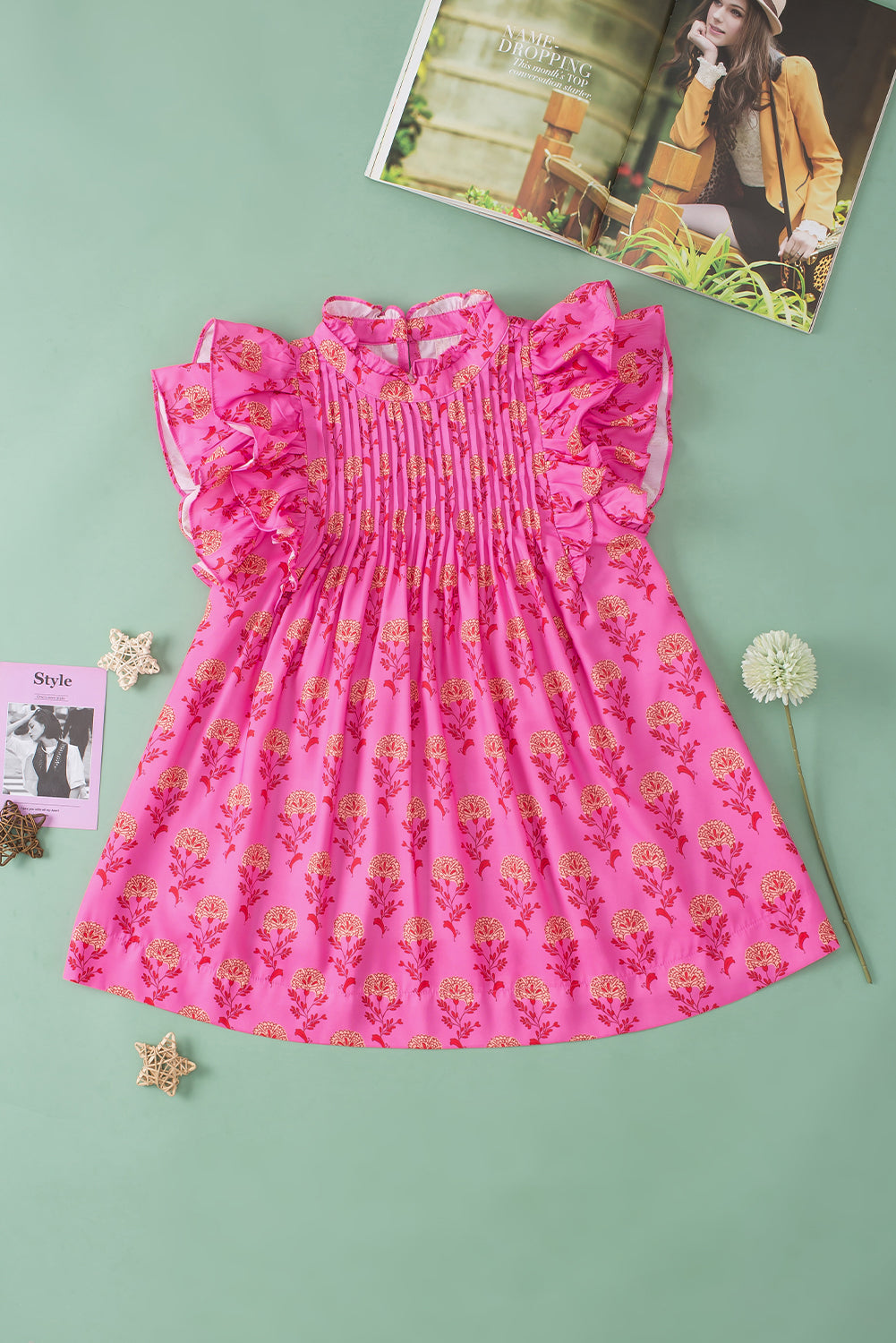 Chemisier plissé à volants et manches flottantes à imprimé floral rose rouge-A WOMAN WE LOVE