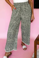 Jean ample marron à imprimé léopard et ourlet brut, taille élastique