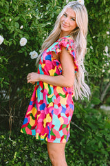 Robe droite rose rouge à imprimé abstrait et manches à volants