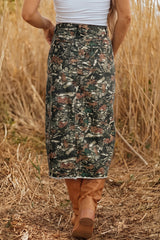Jupe midi en jean camouflage multicolore fendue à ourlet brut