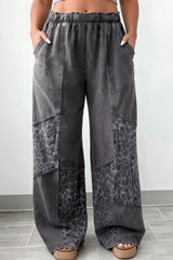 Pantalon large gris foncé délavé grande taille à empiècements léopard