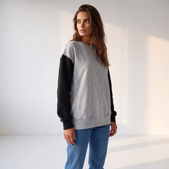 Gray Sweatshirt with drooping shoulders and two-tone patchwork