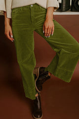 Pantalon large taille haute en velours côtelé de couleur unie vert