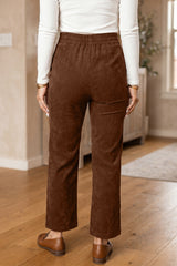 Pantalon droit marron en velours côtelé à taille élastiquée