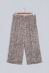 Pantalon ample beige léopard grande taille à bandes latérales contrastées