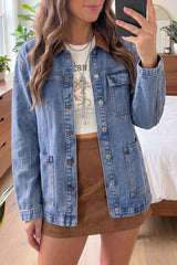 Sky Blue Patchwork Faux Leather Collar Long Sleeve Denim Jacket