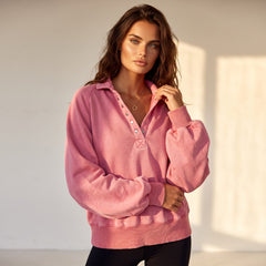 Oversized sweatshirt with balloon sleeves and snap collar in solid pink