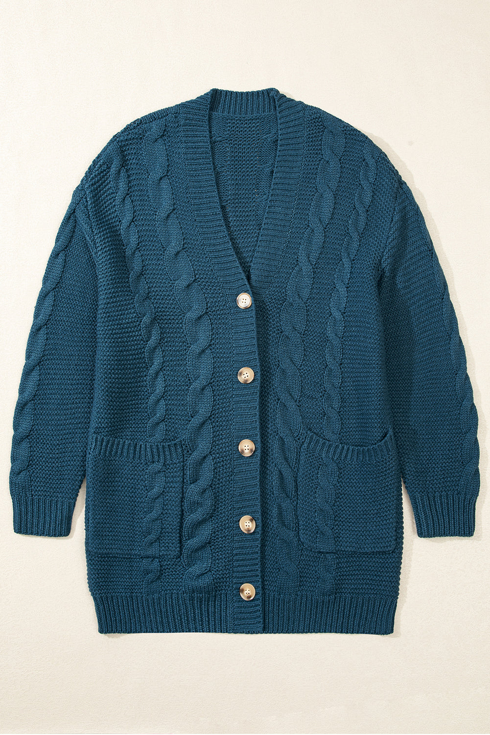 Cardigan baggy bleu paon en tricot torsadé boutonné avec poches sur le devant-A WOMAN WE LOVE