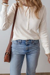 White Long Sleeve Top with Solid Color Waffle Half Button