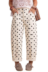 Jean baril blanc à pois, coutures courbes et revers