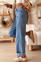 Jean décontracté à rivets latéraux et revers, bleu ou marron