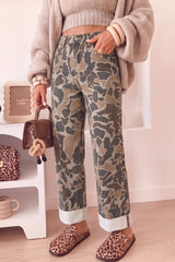 Jean droit ample multicolore camouflage à pressions latérales et revers