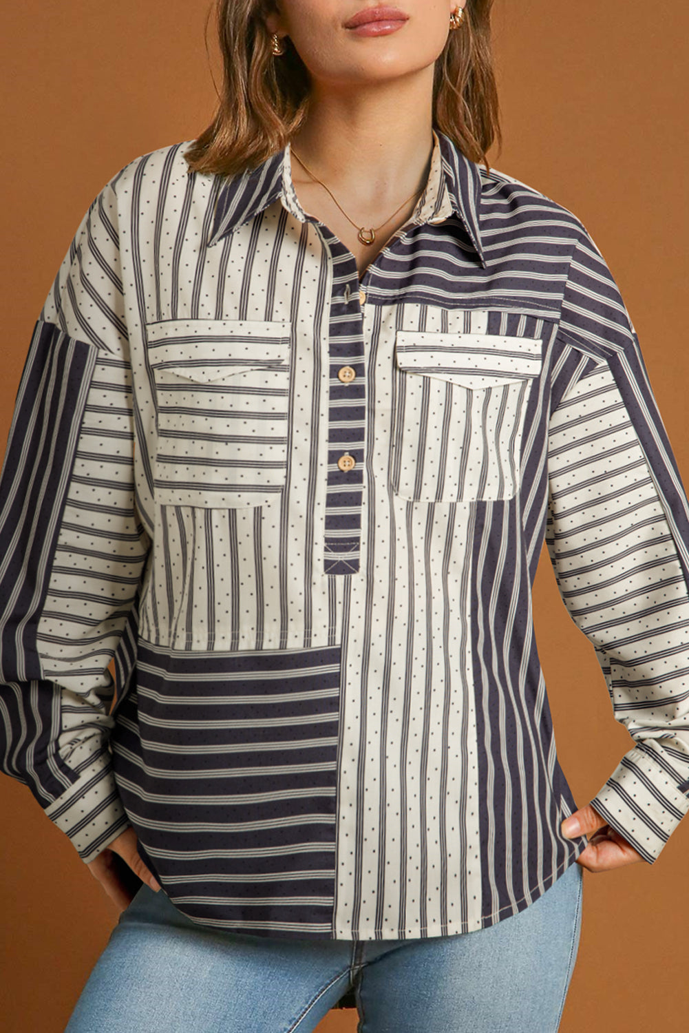 Chemisier rayé 2 tons patchwork demi-boutons poches *-A WOMAN WE LOVE
