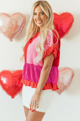 Pull ample tricoté en patchwork avec bordure à volants et mélange rouge tomate