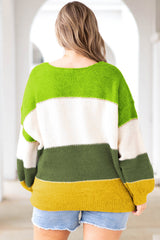 Plus Size Green Color Block Patchwork Sweater