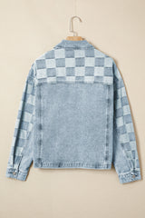Veste en jean bleu délavé à damier et épaules tombantes