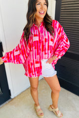 Chemise décontractée rose à manches chauve-souris et imprimé abstrait-A WOMAN WE LOVE